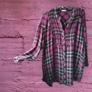 Intimately Free People Mad About Plaid Shirt Dress or Night Shirt Pink and Black